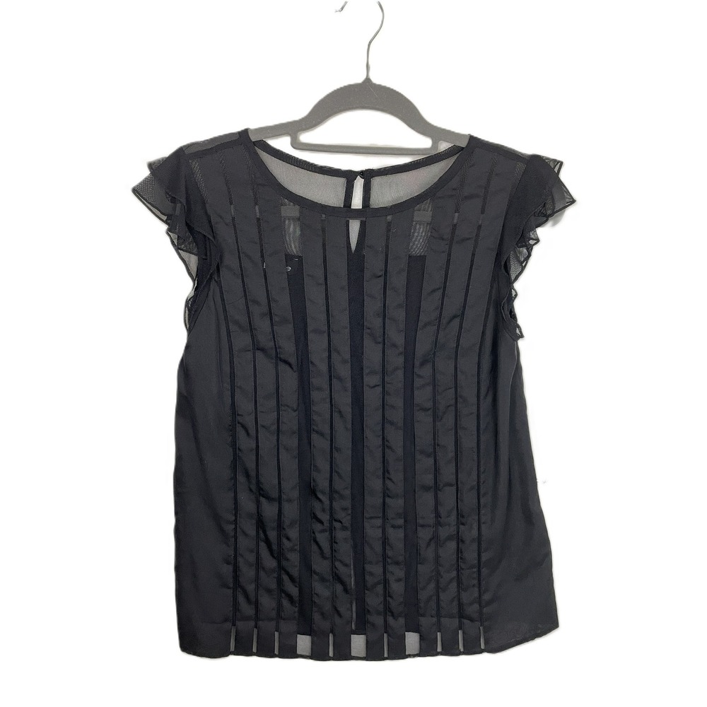 Bebe Silk Mesh Striped Cap Sleeve Blouse Black Keyhole Back XS